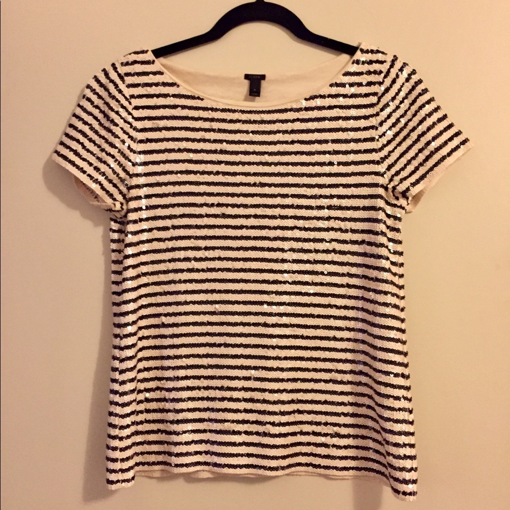 J Crew Sequined Black & White Striped Top